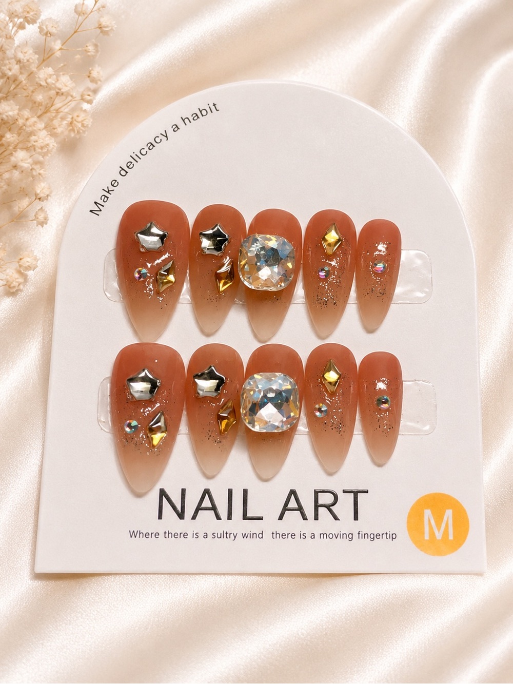 Crystal Accent Almond Press-On Nails in Peachy Nude size medium